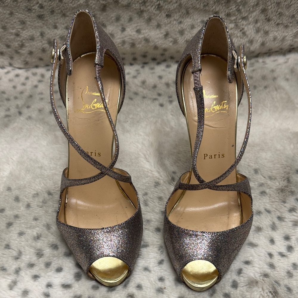 Christian Louboutin Glitter Peep Toe Ankle Strap Pumps Gold Size 7